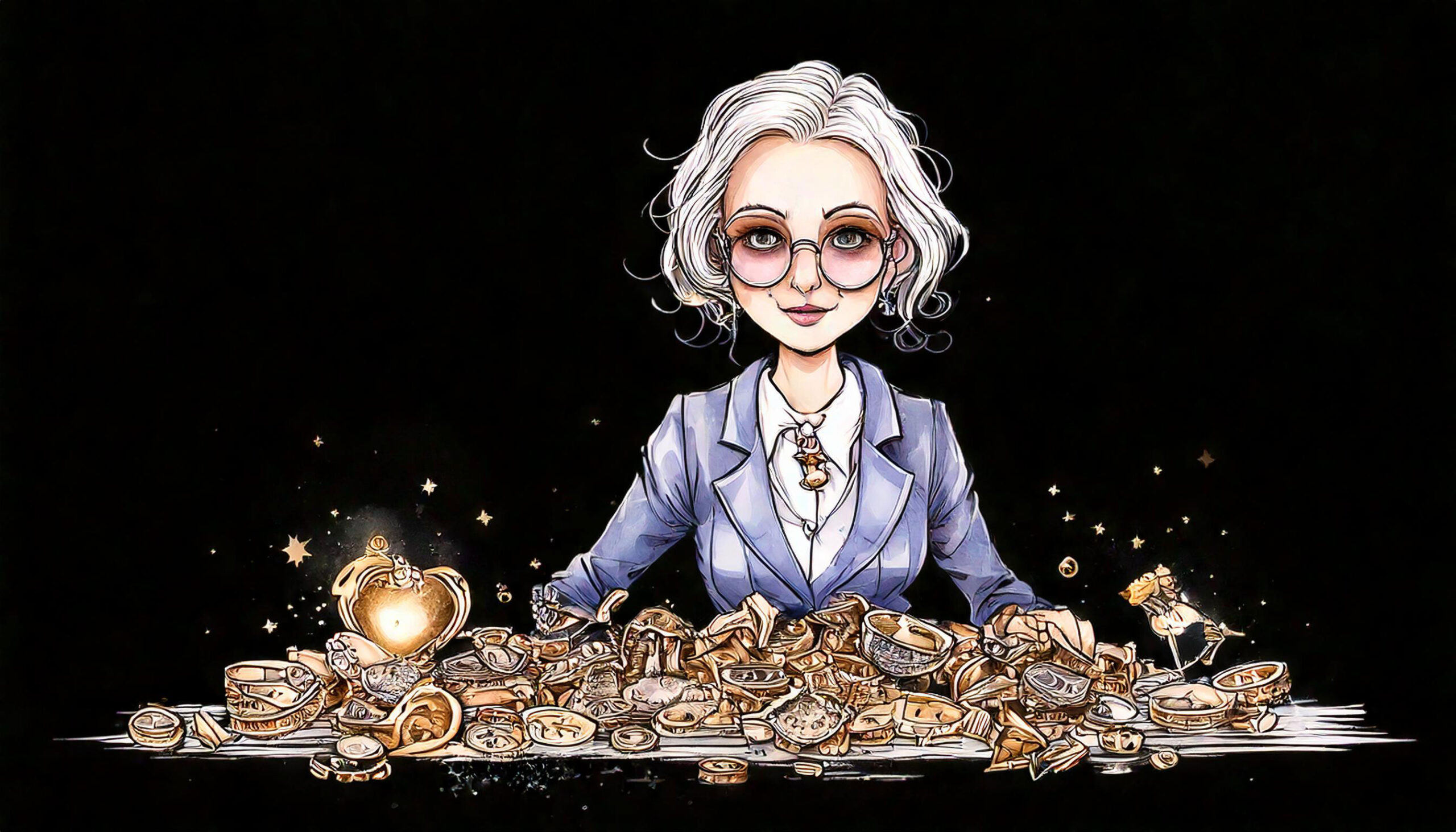 a waist up to the head, older female clerk cartoon sitting at her desk modestly dressed, with riches on the table