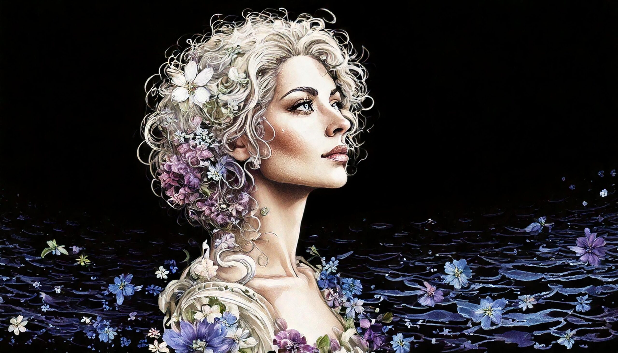 A lady with curly hair looking around at the water 34830