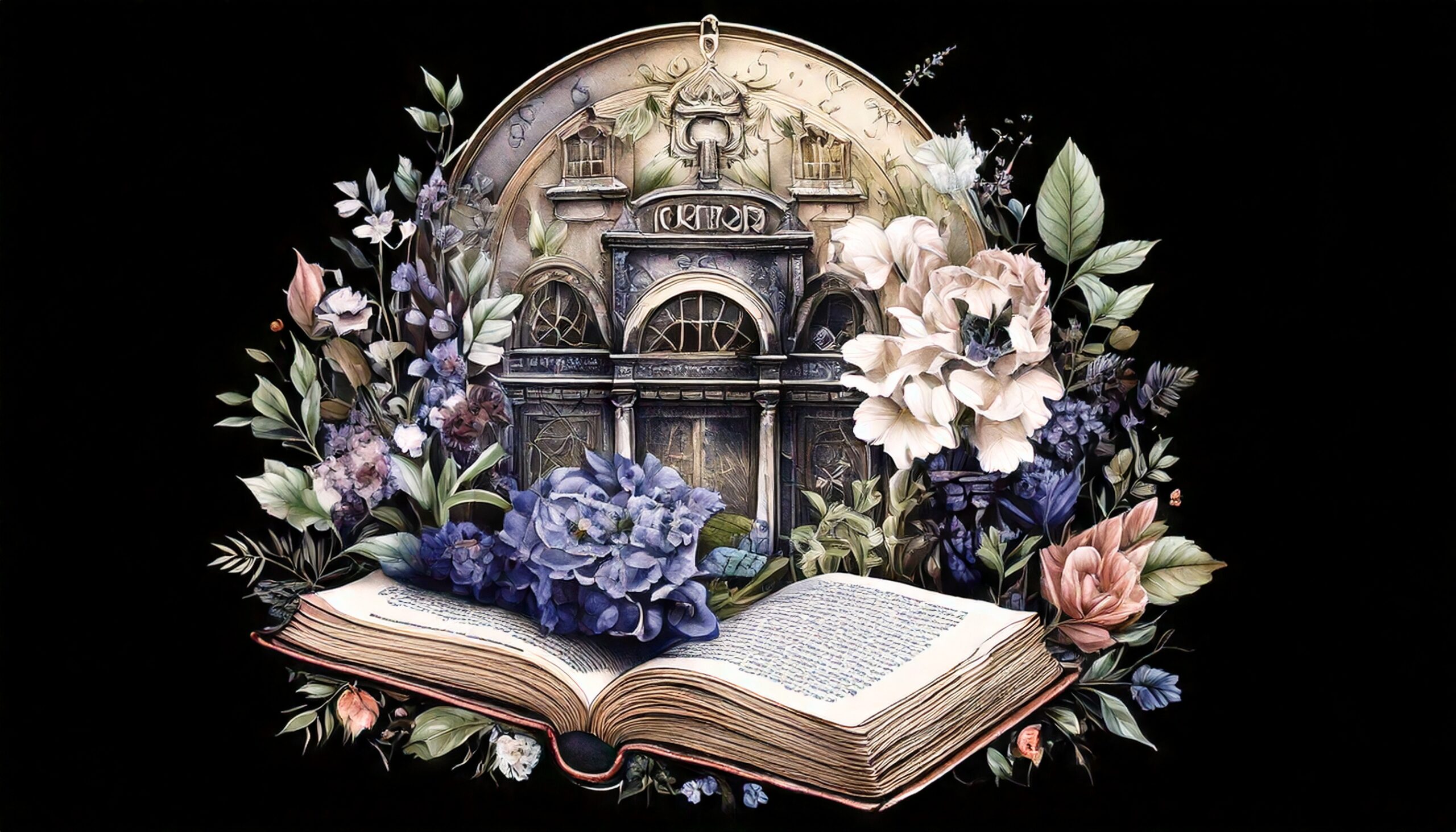 A beautiful old cafe with a bible and flowers
