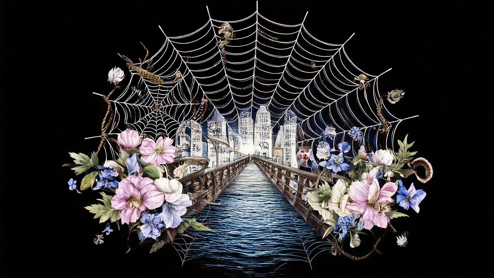 A river leading up to a city with flowers and an encasing spiderweb.