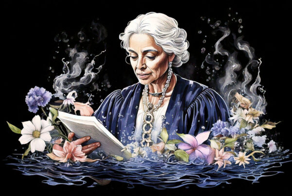 A female judge reading papers, surrounded by water, flowers and chains with smoke coming out around her.